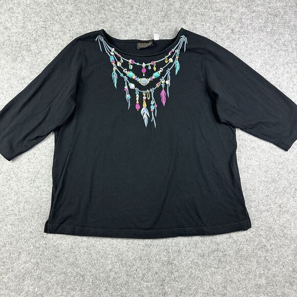 Bob Mackie Shirt Women 1X Black Southwestern Embroidered Wearable Art Tee Blouse - Picture 1 of 16